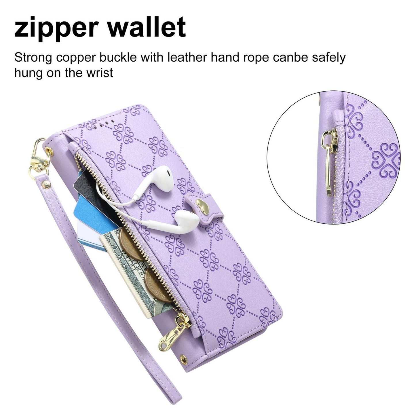For OPPO A6 5G / OPPO A6x 5G Zipper Wallet Heart Buckle Vegan Leather Phone Case with Wrist Strap(Purple)