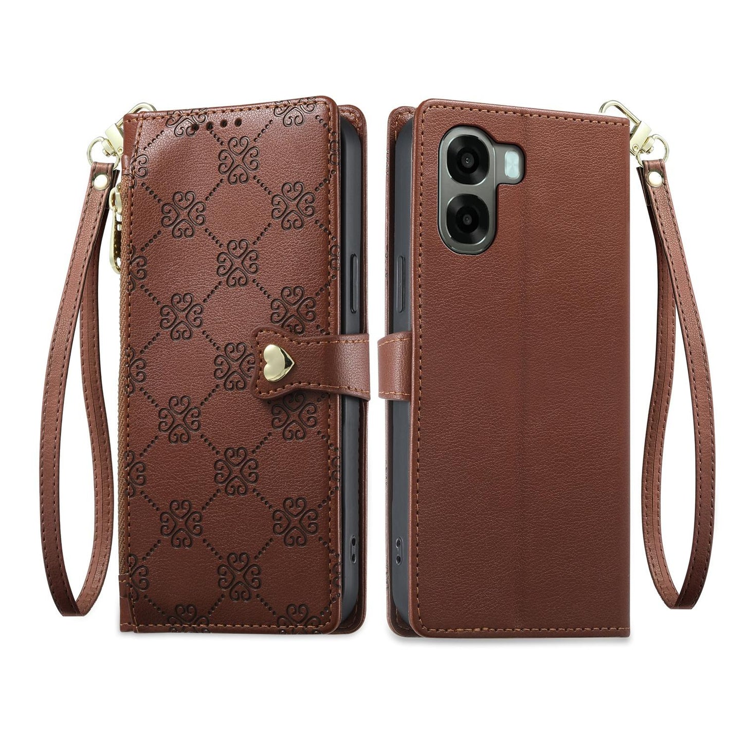 For OPPO A6 5G / OPPO A6x 5G Zipper Wallet Heart Buckle Vegan Leather Phone Case with Wrist Strap(Brown)