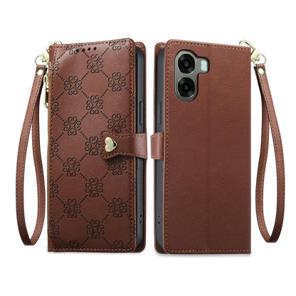 For OPPO A6 5G / OPPO A6x 5G Zipper Wallet Heart Buckle Vegan Leather Phone Case with Wrist Strap(Brown)
