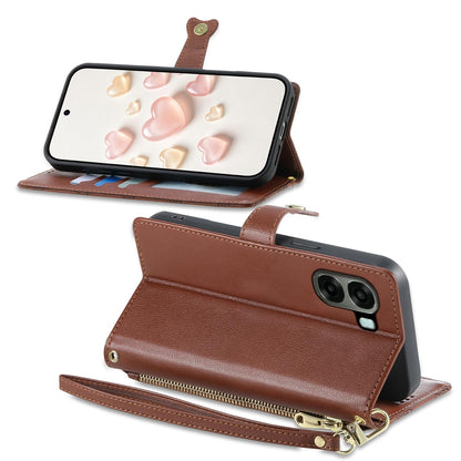 For OPPO A6 5G / OPPO A6x 5G Zipper Wallet Heart Buckle Vegan Leather Phone Case with Wrist Strap(Brown)