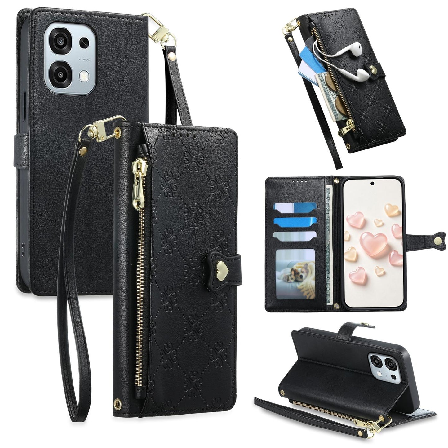 For OPPO A6 Pro 5G Global / OPPO F31 5G Zipper Wallet Heart Buckle Vegan Leather Phone Case with Wrist Strap(Black)