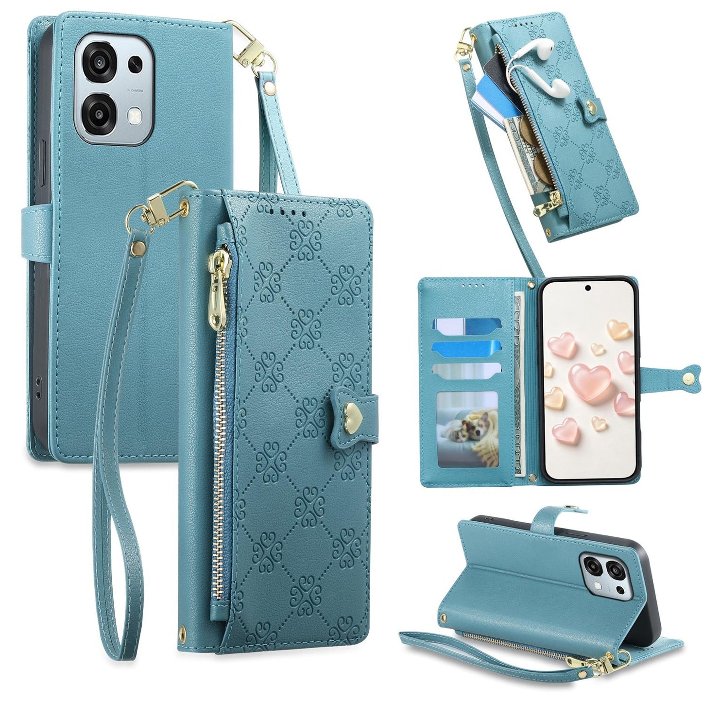 For OPPO A6 Pro 5G Global / OPPO F31 5G Zipper Wallet Heart Buckle Vegan Leather Phone Case with Wrist Strap(Lake Blue)