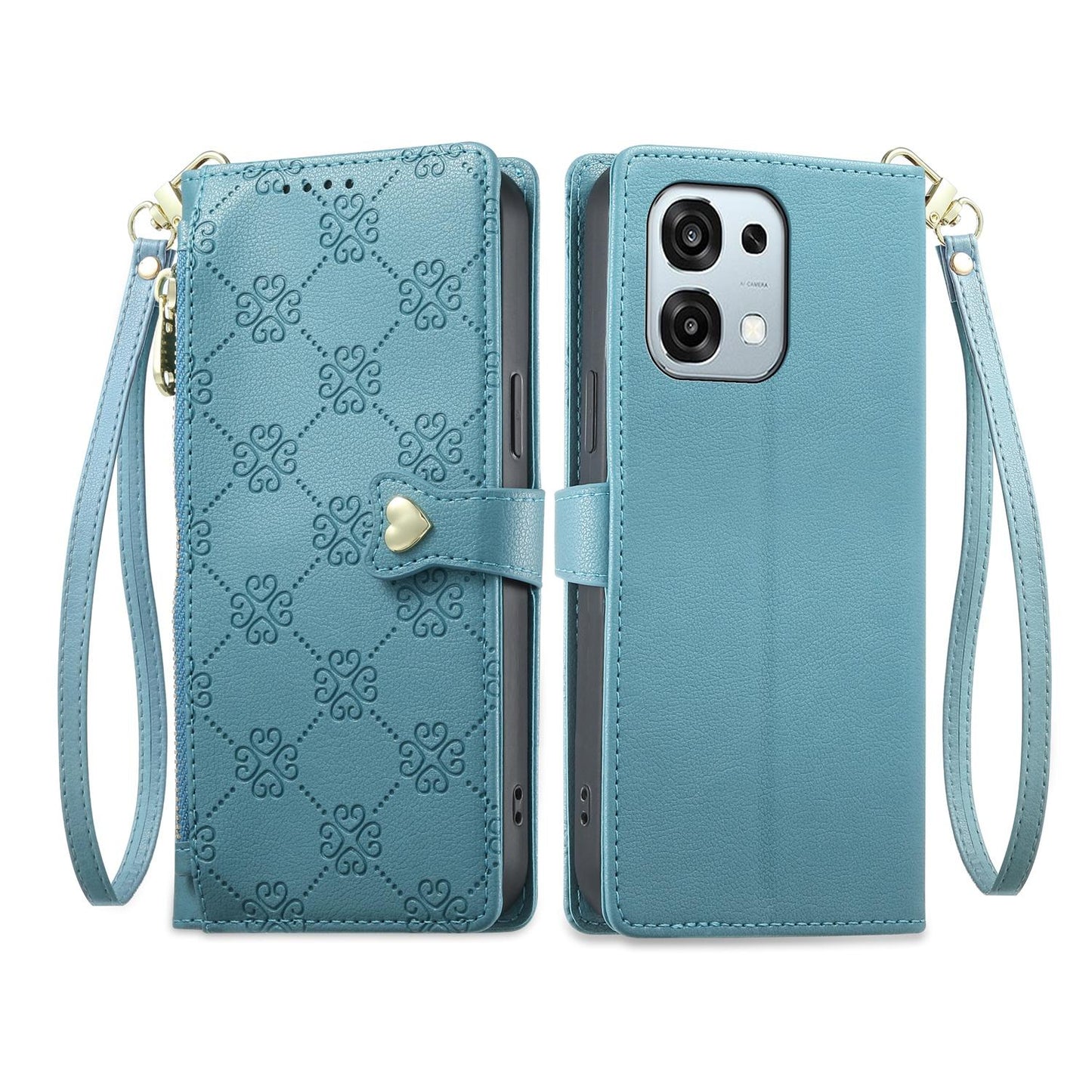 For OPPO A6 Pro 5G Global / OPPO F31 5G Zipper Wallet Heart Buckle Vegan Leather Phone Case with Wrist Strap(Lake Blue)