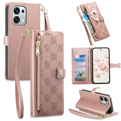 For OPPO A6 Pro 5G Global / OPPO F31 5G Zipper Wallet Heart Buckle Vegan Leather Phone Case with Wrist Strap(Pink)