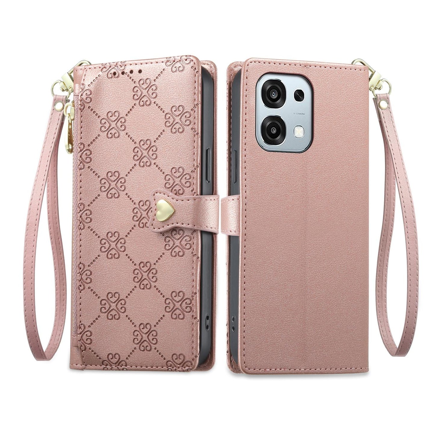 For OPPO A6 Pro 5G Global / OPPO F31 5G Zipper Wallet Heart Buckle Vegan Leather Phone Case with Wrist Strap(Pink)