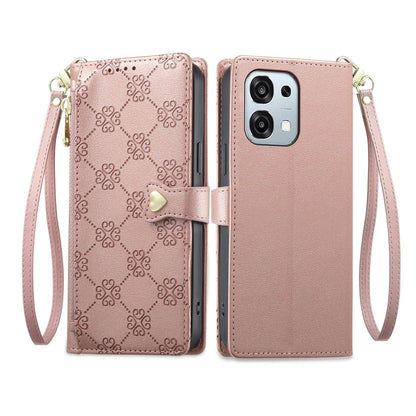 For OPPO A6 Pro 5G Global / OPPO F31 5G Zipper Wallet Heart Buckle Vegan Leather Phone Case with Wrist Strap(Pink)