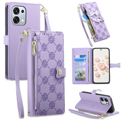 For OPPO A6 Pro 5G Global / OPPO F31 5G Zipper Wallet Heart Buckle Vegan Leather Phone Case with Wrist Strap(Purple)