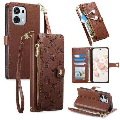 For OPPO A6 Pro 5G Global / OPPO F31 5G Zipper Wallet Heart Buckle Vegan Leather Phone Case with Wrist Strap(Brown)