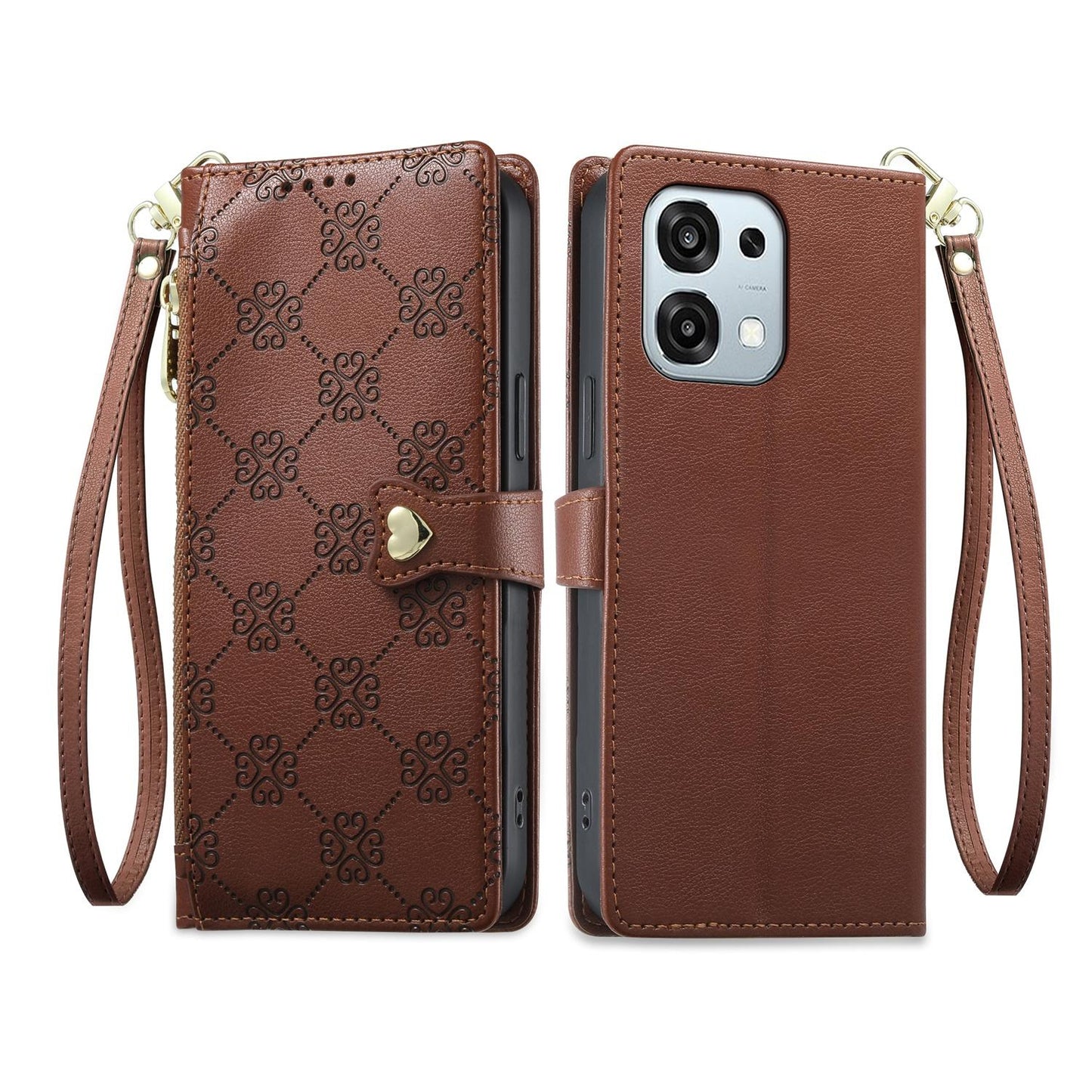 For OPPO A6 Pro 5G Global / OPPO F31 5G Zipper Wallet Heart Buckle Vegan Leather Phone Case with Wrist Strap(Brown)