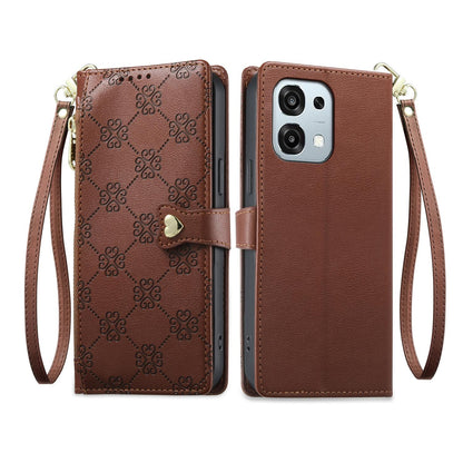 For OPPO A6 Pro 5G Global / OPPO F31 5G Zipper Wallet Heart Buckle Vegan Leather Phone Case with Wrist Strap(Brown)