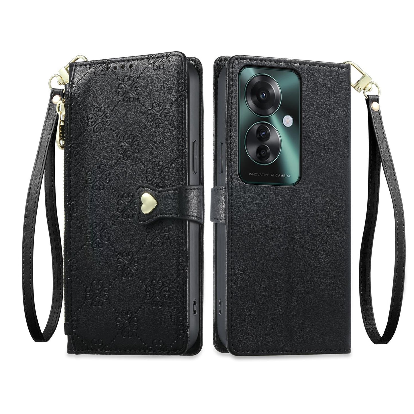 For OPPO Reno11 F / OPPO F25 Pro Zipper Wallet Heart Buckle Vegan Leather Phone Case with Wrist Strap(Black)
