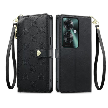For OPPO Reno11 F / OPPO F25 Pro Zipper Wallet Heart Buckle Vegan Leather Phone Case with Wrist Strap(Black)