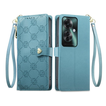 For OPPO Reno11 F / OPPO F25 Pro Zipper Wallet Heart Buckle Vegan Leather Phone Case with Wrist Strap(Lake Blue)