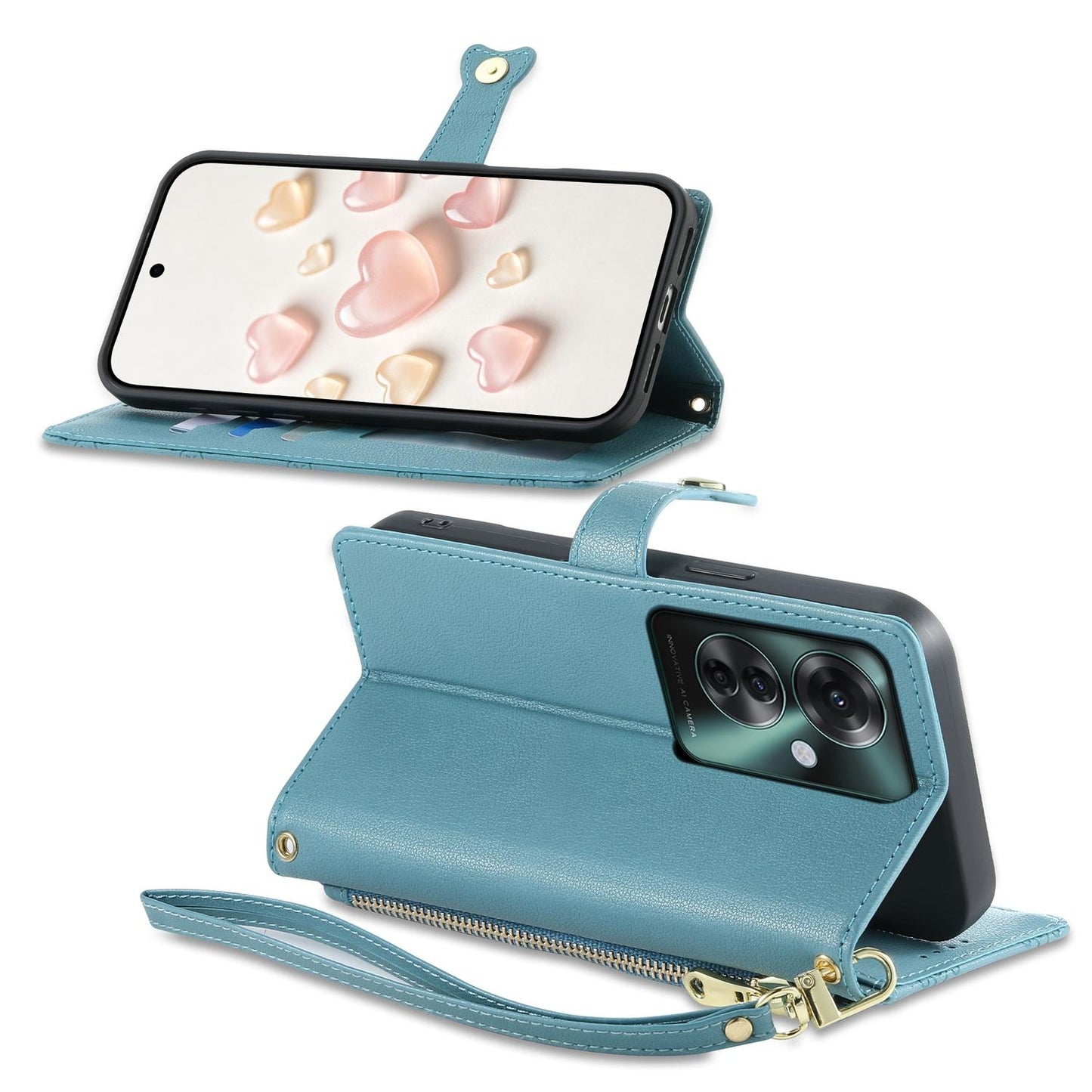 For OPPO Reno11 F / OPPO F25 Pro Zipper Wallet Heart Buckle Vegan Leather Phone Case with Wrist Strap(Lake Blue)