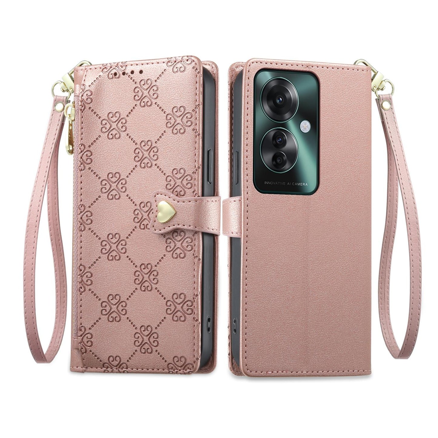 For OPPO Reno11 F / OPPO F25 Pro Zipper Wallet Heart Buckle Vegan Leather Phone Case with Wrist Strap(Pink)