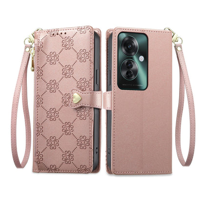 For OPPO Reno11 F / OPPO F25 Pro Zipper Wallet Heart Buckle Vegan Leather Phone Case with Wrist Strap(Pink)