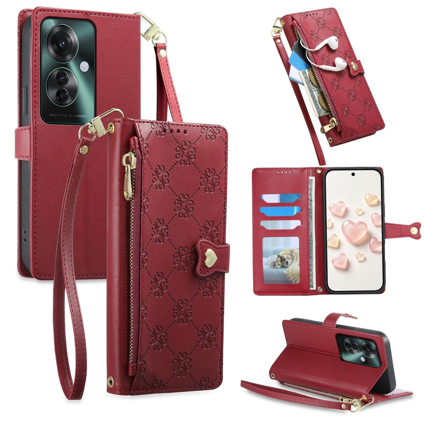 For OPPO Reno11 F / OPPO F25 Pro Zipper Wallet Heart Buckle Vegan Leather Phone Case with Wrist Strap(Red)