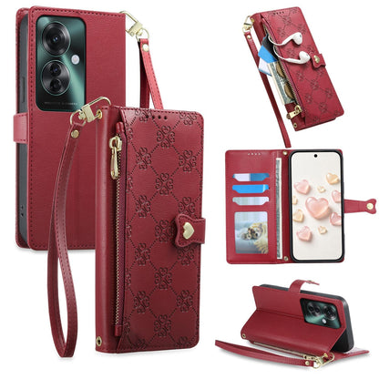 For OPPO Reno11 F / OPPO F25 Pro Zipper Wallet Heart Buckle Vegan Leather Phone Case with Wrist Strap(Red)