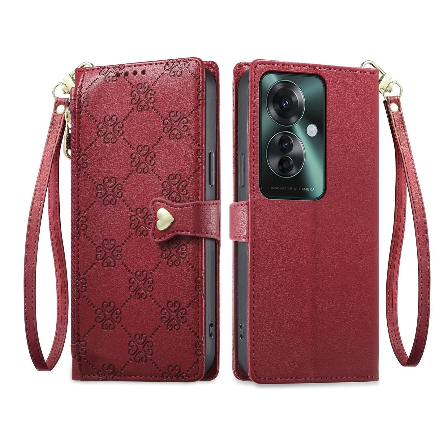 For OPPO Reno11 F / OPPO F25 Pro Zipper Wallet Heart Buckle Vegan Leather Phone Case with Wrist Strap(Red)