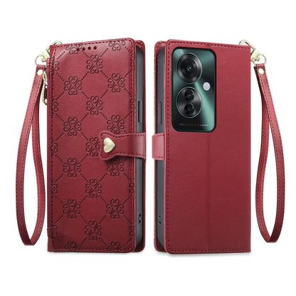 For OPPO Reno11 F / OPPO F25 Pro Zipper Wallet Heart Buckle Vegan Leather Phone Case with Wrist Strap(Red)