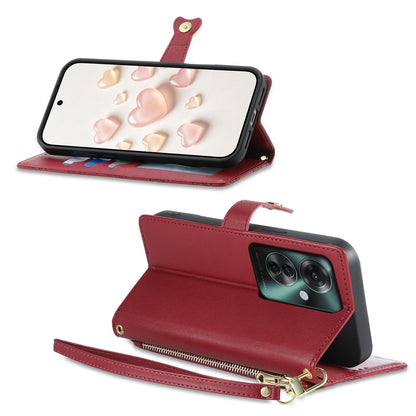 For OPPO Reno11 F / OPPO F25 Pro Zipper Wallet Heart Buckle Vegan Leather Phone Case with Wrist Strap(Red)