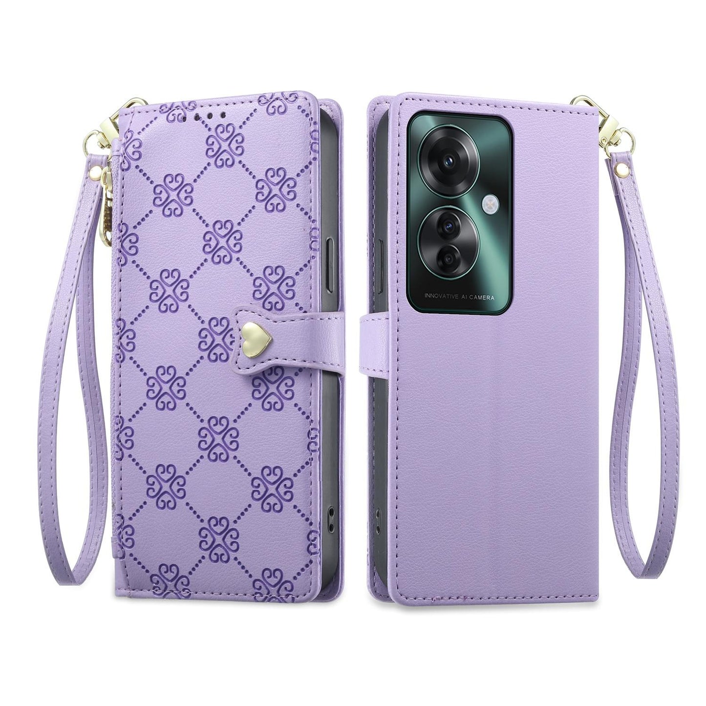 For OPPO Reno11 F / OPPO F25 Pro Zipper Wallet Heart Buckle Vegan Leather Phone Case with Wrist Strap(Purple)