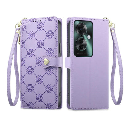 For OPPO Reno11 F / OPPO F25 Pro Zipper Wallet Heart Buckle Vegan Leather Phone Case with Wrist Strap(Purple)