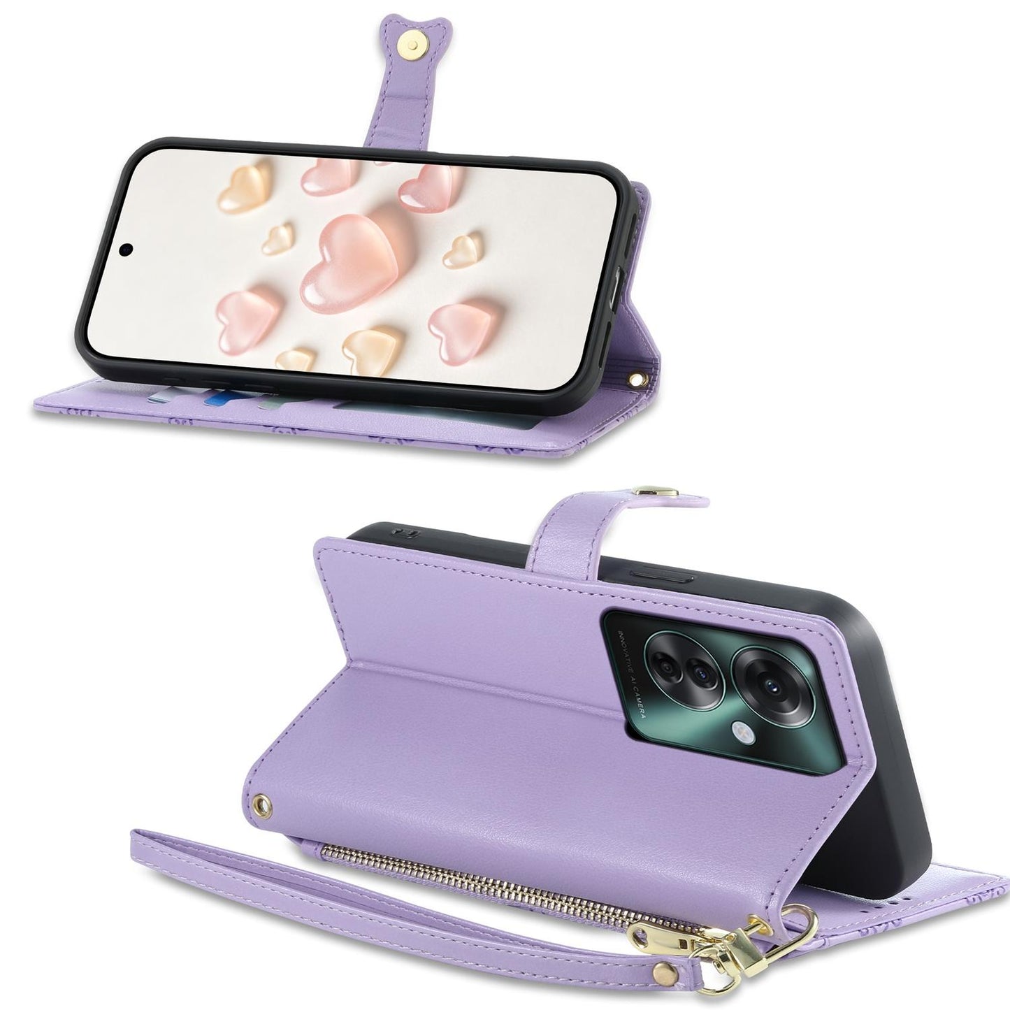 For OPPO Reno11 F / OPPO F25 Pro Zipper Wallet Heart Buckle Vegan Leather Phone Case with Wrist Strap(Purple)