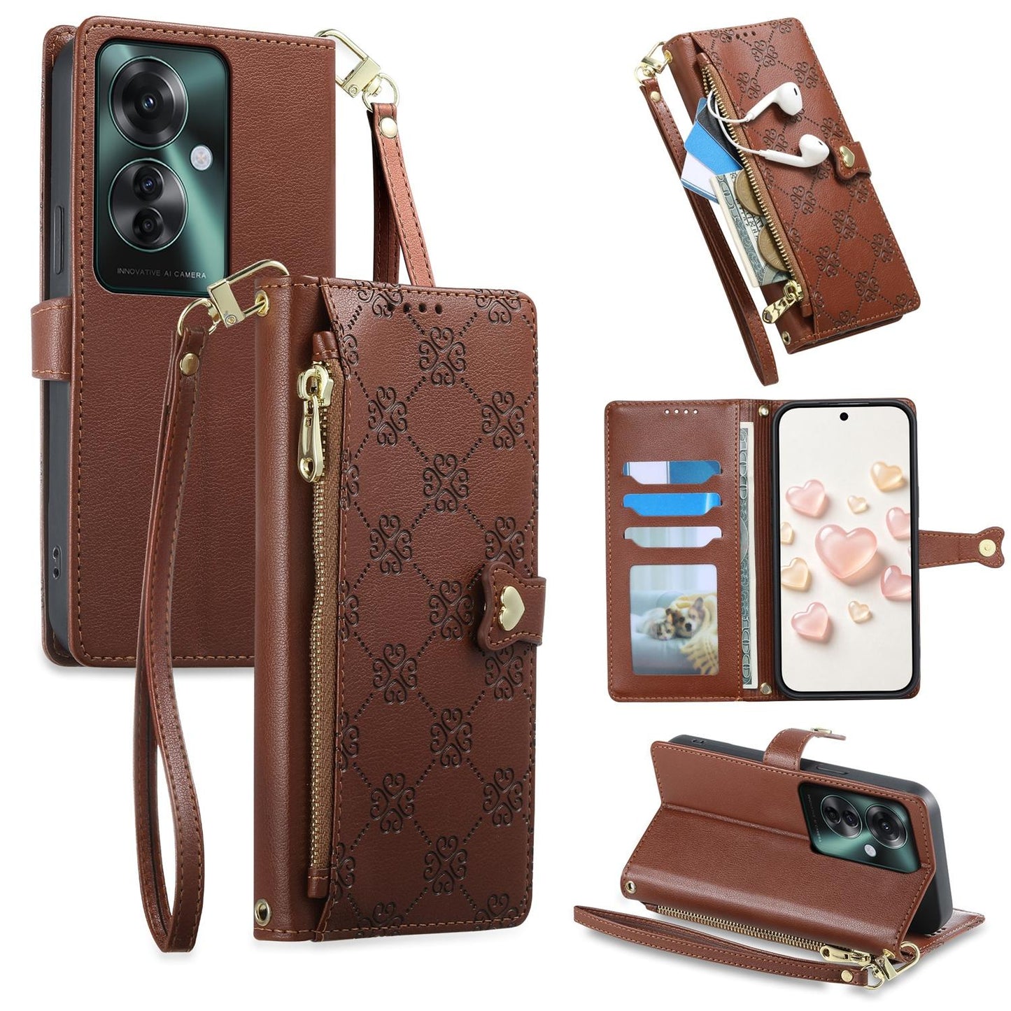 For OPPO Reno11 F / OPPO F25 Pro Zipper Wallet Heart Buckle Vegan Leather Phone Case with Wrist Strap(Brown)