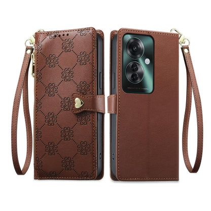 For OPPO Reno11 F / OPPO F25 Pro Zipper Wallet Heart Buckle Vegan Leather Phone Case with Wrist Strap(Brown)