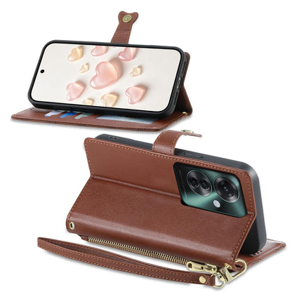 For OPPO Reno11 F / OPPO F25 Pro Zipper Wallet Heart Buckle Vegan Leather Phone Case with Wrist Strap(Brown)