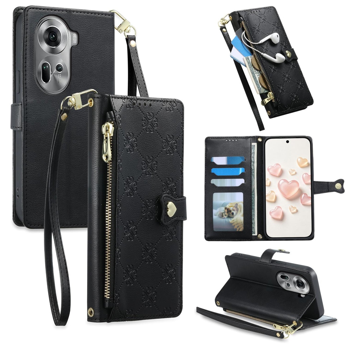 For OPPO Reno11 Global Zipper Wallet Heart Buckle Vegan Leather Phone Case with Wrist Strap(Black)
