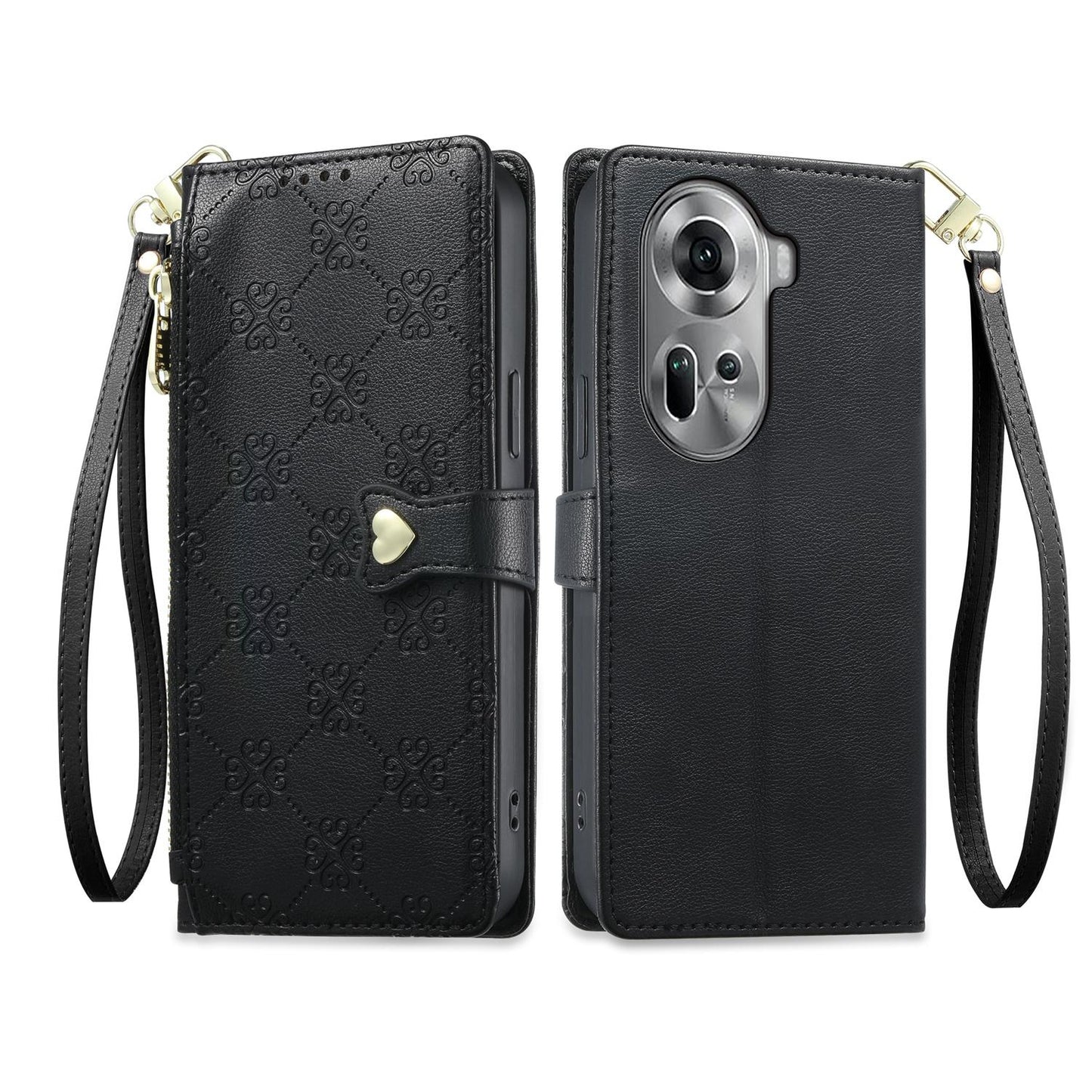 For OPPO Reno11 Global Zipper Wallet Heart Buckle Vegan Leather Phone Case with Wrist Strap(Black)