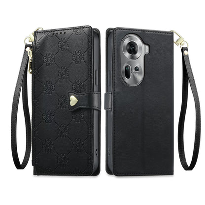 For OPPO Reno11 Global Zipper Wallet Heart Buckle Vegan Leather Phone Case with Wrist Strap(Black)