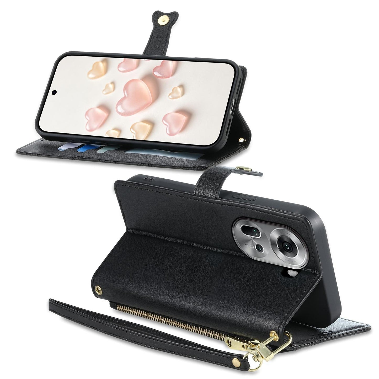 For OPPO Reno11 Global Zipper Wallet Heart Buckle Vegan Leather Phone Case with Wrist Strap(Black)