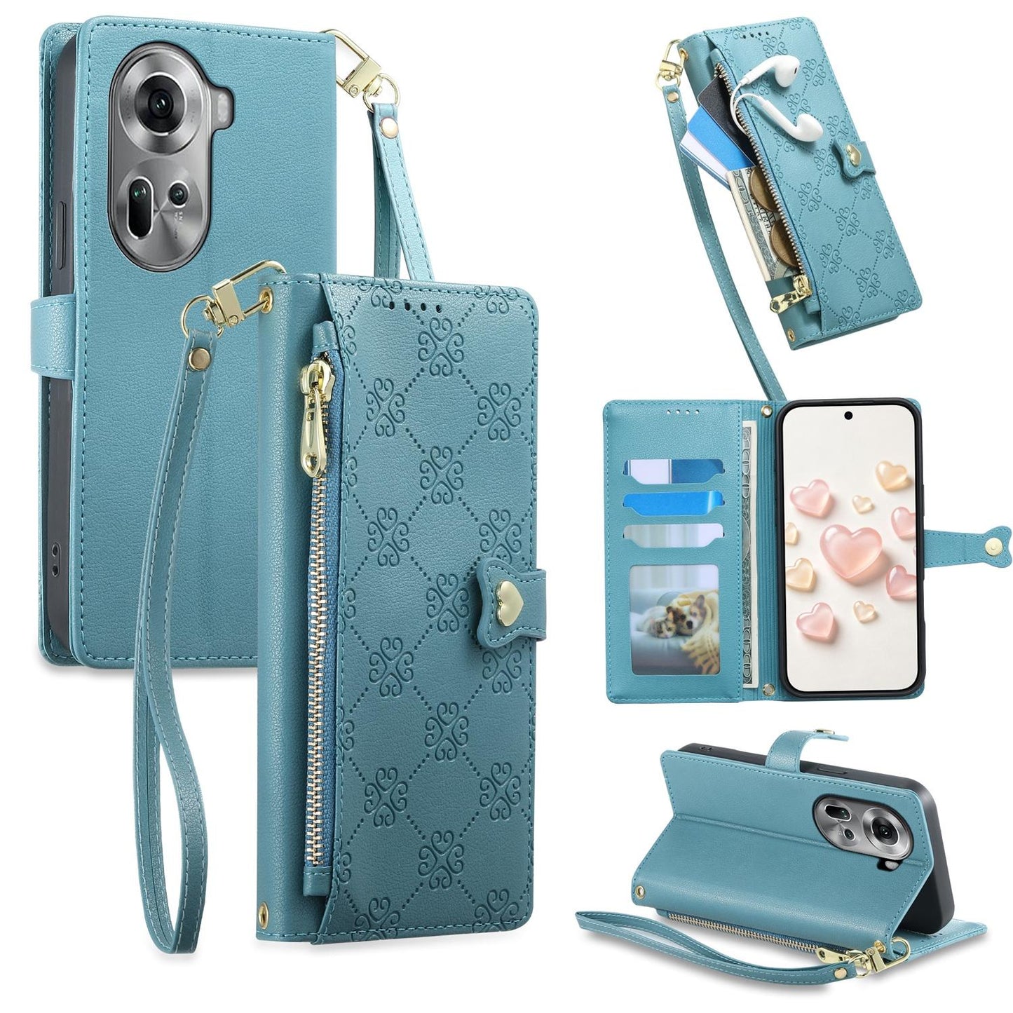 For OPPO Reno11 Global Zipper Wallet Heart Buckle Vegan Leather Phone Case with Wrist Strap(Lake Blue)