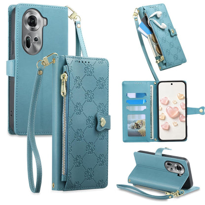 For OPPO Reno11 Global Zipper Wallet Heart Buckle Vegan Leather Phone Case with Wrist Strap(Lake Blue)