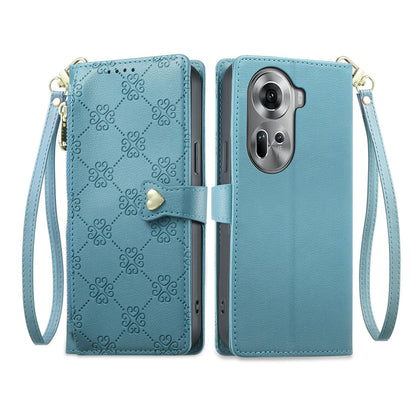 For OPPO Reno11 Global Zipper Wallet Heart Buckle Vegan Leather Phone Case with Wrist Strap(Lake Blue)
