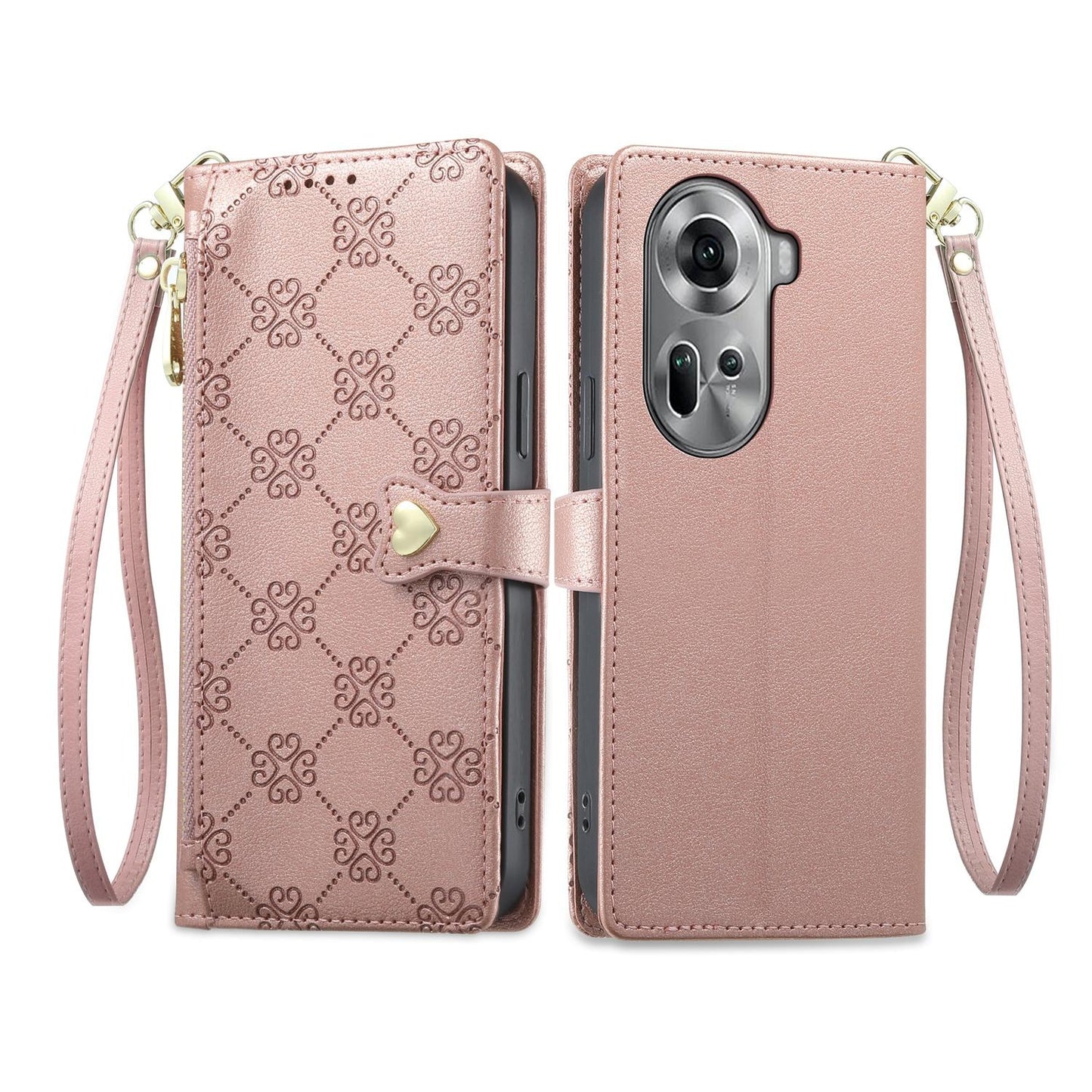 For OPPO Reno11 Global Zipper Wallet Heart Buckle Vegan Leather Phone Case with Wrist Strap(Pink)