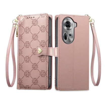For OPPO Reno11 Global Zipper Wallet Heart Buckle Vegan Leather Phone Case with Wrist Strap(Pink)