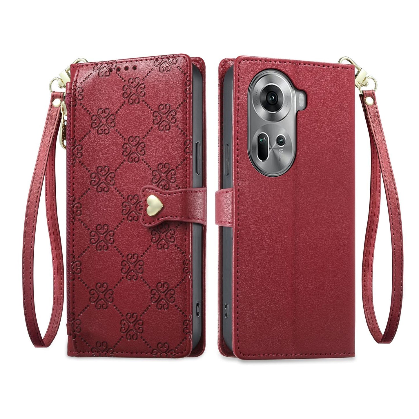 For OPPO Reno11 Global Zipper Wallet Heart Buckle Vegan Leather Phone Case with Wrist Strap(Red)