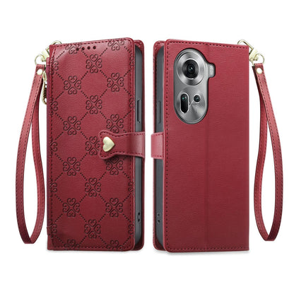 For OPPO Reno11 Global Zipper Wallet Heart Buckle Vegan Leather Phone Case with Wrist Strap(Red)