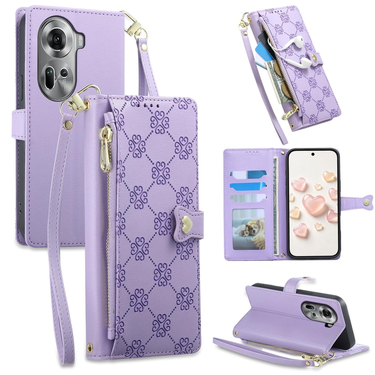 For OPPO Reno11 Global Zipper Wallet Heart Buckle Vegan Leather Phone Case with Wrist Strap(Purple)