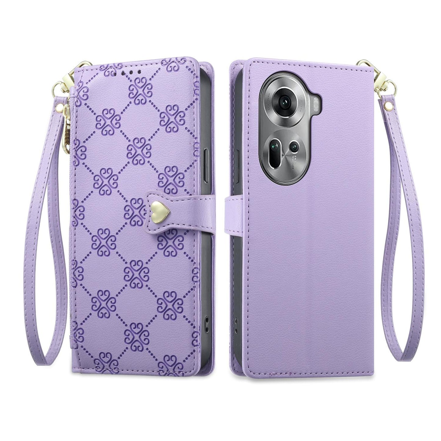 For OPPO Reno11 Global Zipper Wallet Heart Buckle Vegan Leather Phone Case with Wrist Strap(Purple)