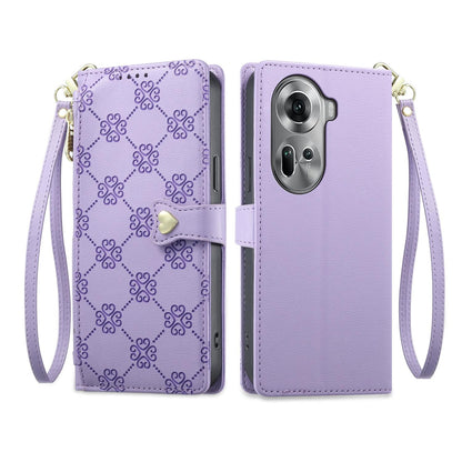 For OPPO Reno11 Global Zipper Wallet Heart Buckle Vegan Leather Phone Case with Wrist Strap(Purple)