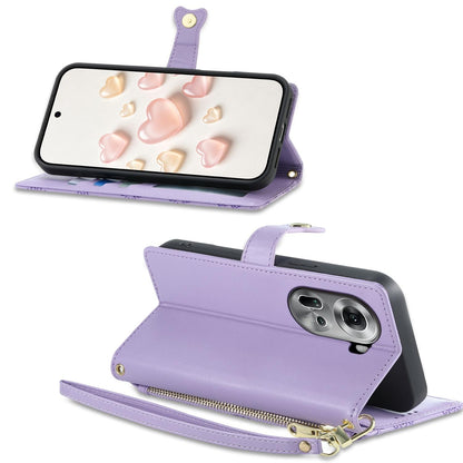 For OPPO Reno11 Global Zipper Wallet Heart Buckle Vegan Leather Phone Case with Wrist Strap(Purple)