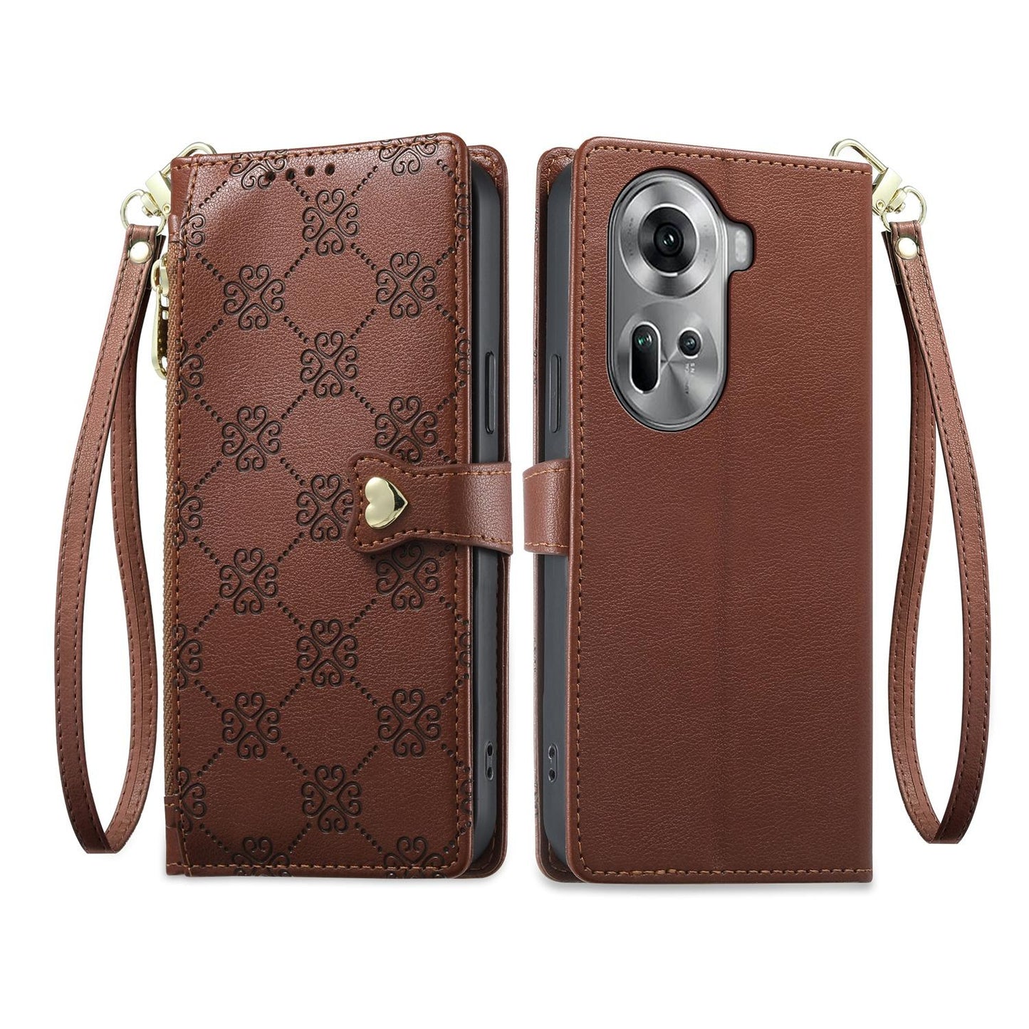 For OPPO Reno11 Global Zipper Wallet Heart Buckle Vegan Leather Phone Case with Wrist Strap(Brown)