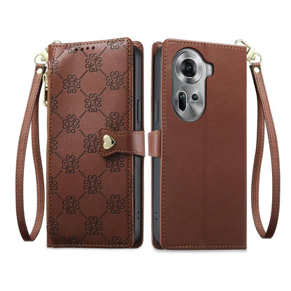 For OPPO Reno11 Global Zipper Wallet Heart Buckle Vegan Leather Phone Case with Wrist Strap(Brown)
