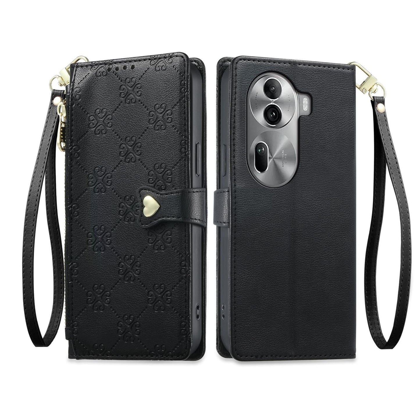 For OPPO Reno11 Pro Global Zipper Wallet Heart Buckle Vegan Leather Phone Case with Wrist Strap(Black)