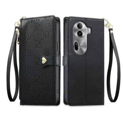 For OPPO Reno11 Pro Global Zipper Wallet Heart Buckle Vegan Leather Phone Case with Wrist Strap(Black)